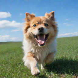 A happy, bounding dog with fluffy fur and bright eyes, playing in a lush, green field under a blue sky.