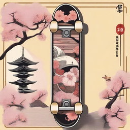 A detailed drawing of a skateboard in a Japanese style