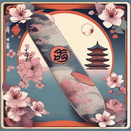 A detailed drawing of a skateboard in a Japanese style