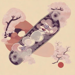 A detailed drawing of a skateboard in a Japanese style