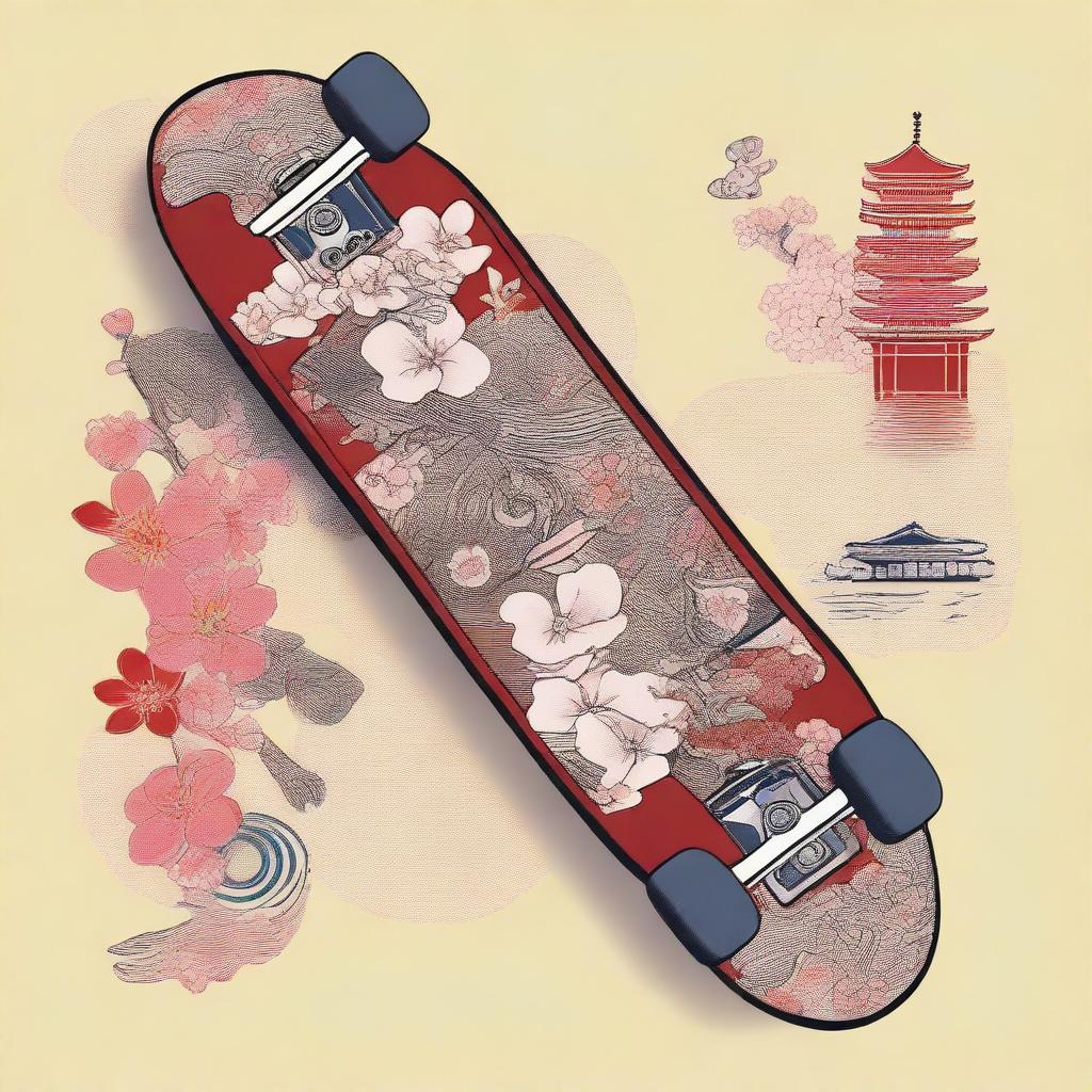 A detailed drawing of a skateboard in a Japanese style