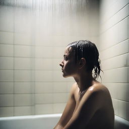A person sitting in a shower, with water cascading down, looking melancholic and contemplative