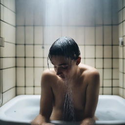 A person sitting in a shower, with water cascading down, looking melancholic and contemplative