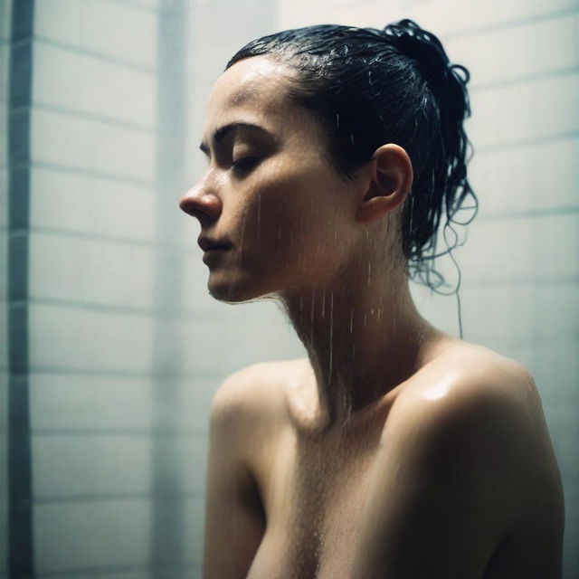 A person sitting in a shower, with water cascading down, looking melancholic and contemplative