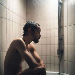 A person sitting in a shower, with water cascading down, looking melancholic and contemplative