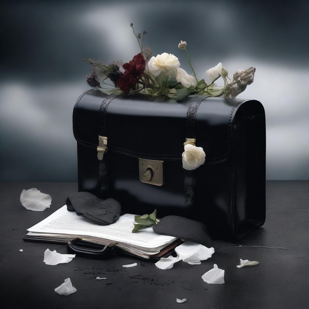 A surreal image of a briefcase filled with symbols of grief, such as wilted flowers, tear drops, and dark clouds