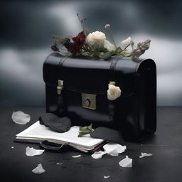 A surreal image of a briefcase filled with symbols of grief, such as wilted flowers, tear drops, and dark clouds