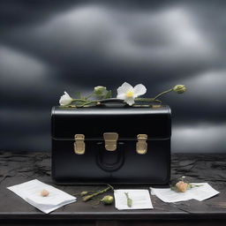 A surreal image of a briefcase filled with symbols of grief, such as wilted flowers, tear drops, and dark clouds