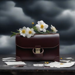 A surreal image of a briefcase filled with symbols of grief, such as wilted flowers, tear drops, and dark clouds