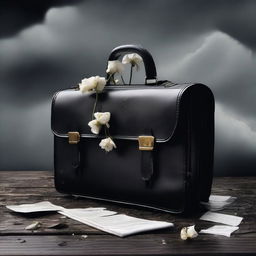 A surreal image of a briefcase filled with symbols of grief, such as wilted flowers, tear drops, and dark clouds