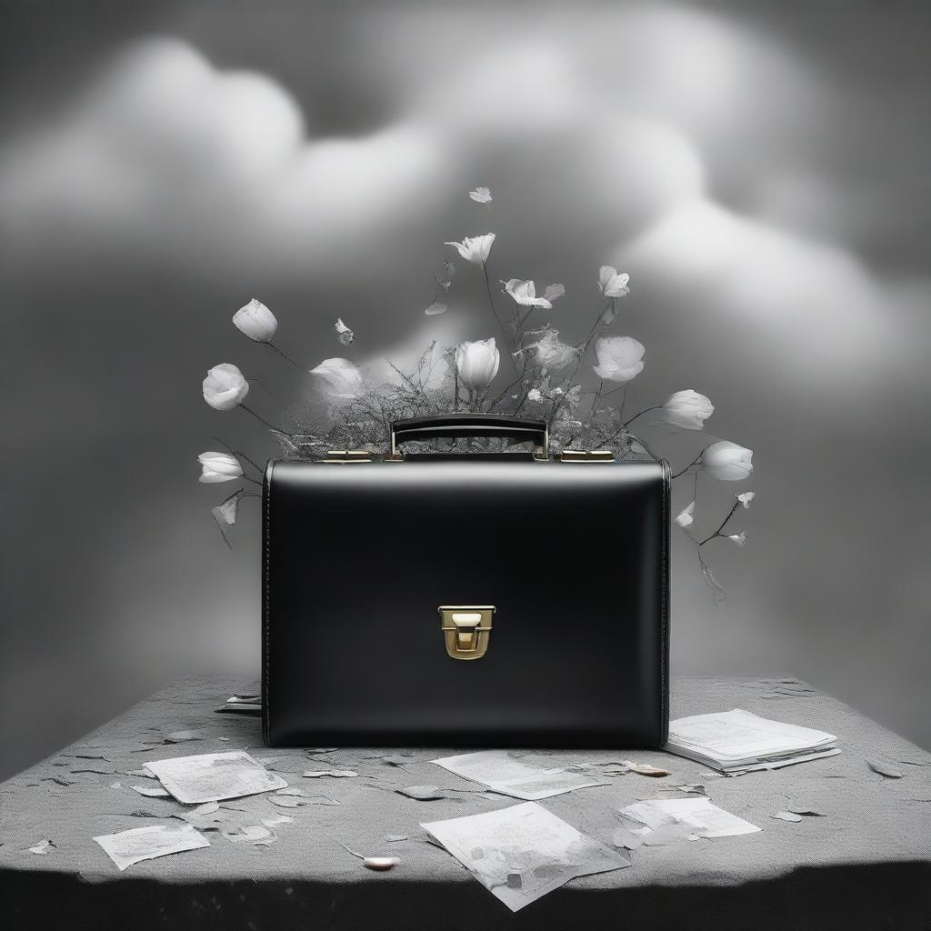 A book cover featuring a surreal image of a briefcase filled with symbols of grief, such as wilted flowers, tear drops, and dark clouds