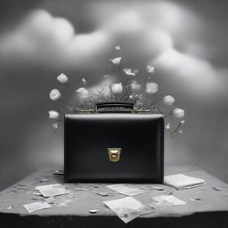 A book cover featuring a surreal image of a briefcase filled with symbols of grief, such as wilted flowers, tear drops, and dark clouds