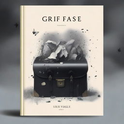 A book cover featuring a surreal image of a briefcase filled with symbols of grief, such as wilted flowers, tear drops, and dark clouds