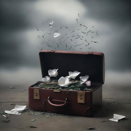 A book cover featuring a surreal image of a briefcase filled with symbols of grief, such as wilted flowers, tear drops, and dark clouds