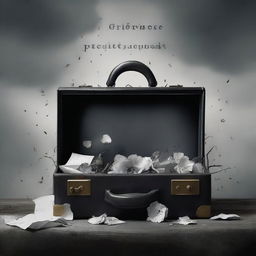A book cover featuring a surreal image of a briefcase filled with symbols of grief, such as wilted flowers, tear drops, and dark clouds