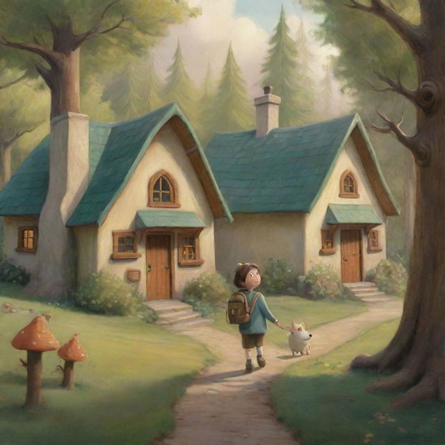 A warm and inviting scene portraying cartoon characters Finn and Fiona strolling towards their cozy houses nestled amidst serene woodland.