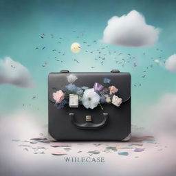 A light-themed book cover featuring a surreal image of a briefcase filled with symbols of grief, such as wilted flowers, tear drops, and soft pastel clouds