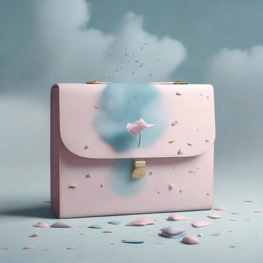 A light-themed book cover featuring a surreal image of a briefcase filled with symbols of grief, such as wilted flowers, tear drops, and soft pastel clouds