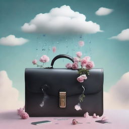 A light-themed book cover featuring a surreal image of a briefcase filled with symbols of grief, such as wilted flowers, tear drops, and soft pastel clouds
