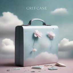 A light-themed book cover featuring a surreal image of a briefcase filled with symbols of grief, such as wilted flowers, tear drops, and soft pastel clouds