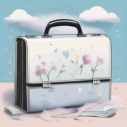 A light-themed cover featuring a surreal image of a briefcase filled with symbols of grief, such as wilted flowers, tear drops, and soft pastel clouds