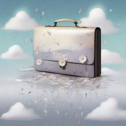 A light-themed cover featuring a surreal image of a briefcase filled with symbols of grief, such as wilted flowers, tear drops, and soft pastel clouds