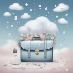 A light-themed cover featuring a surreal image of a briefcase filled with symbols of grief, such as wilted flowers, tear drops, and soft pastel clouds