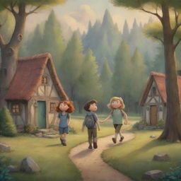 A warm and inviting scene portraying cartoon characters Finn and Fiona strolling towards their cozy houses nestled amidst serene woodland.