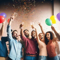 A vibrant and energetic scene of a group of friends celebrating a victory, raising their glasses in a toast