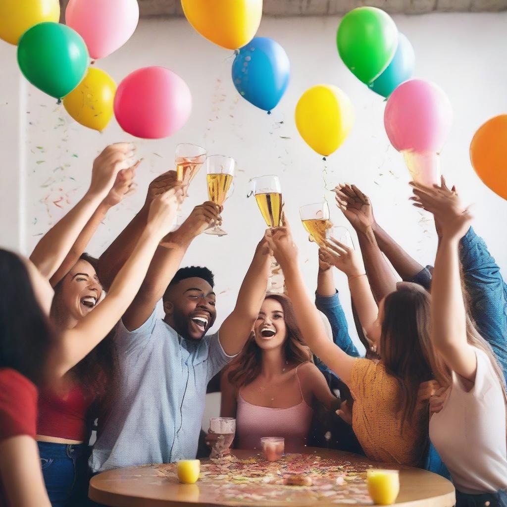 A vibrant and energetic scene of a group of friends celebrating a victory, raising their glasses in a toast