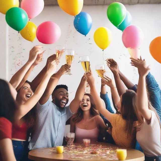 A vibrant and energetic scene of a group of friends celebrating a victory, raising their glasses in a toast