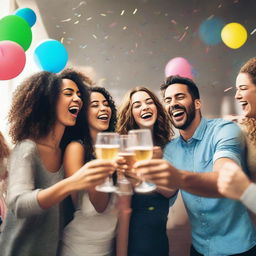 A vibrant and energetic scene of a group of friends celebrating a victory, raising their glasses in a toast