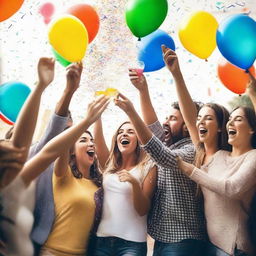 A vibrant and energetic scene of a group of friends celebrating a victory, raising their glasses in a toast