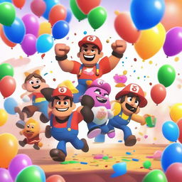 A dynamic and colorful scene featuring characters from Brawl Stars celebrating a victory by raising their trophies