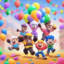 A dynamic and colorful scene featuring characters from Brawl Stars celebrating a victory by raising their trophies