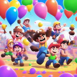 A dynamic and colorful scene featuring characters from Brawl Stars celebrating a victory by raising their trophies