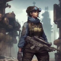 An aberration of a human scout, equipped with a sniper rifle, dressed in a military uniform with a steampunk twist