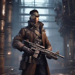 An aberration of a human scout, equipped with a sniper rifle, dressed in a military uniform with a steampunk twist