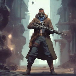 An aberration of a human scout, equipped with a sniper rifle, dressed in a military uniform with a steampunk twist