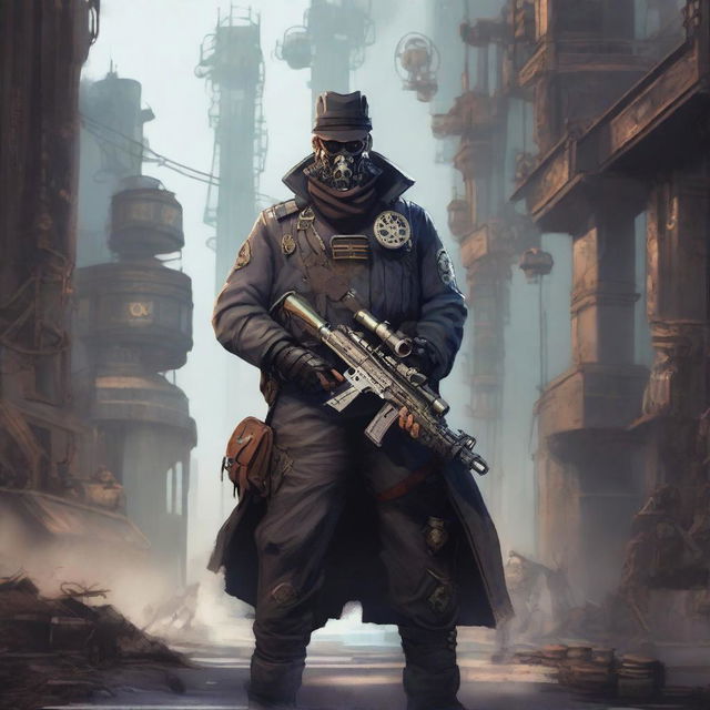 An aberration of a human scout, equipped with a sniper rifle, dressed in a military uniform with a steampunk twist