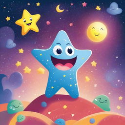 A whimsical and colorful cartoon scene featuring a smiling star character in a night sky filled with other stars and planets