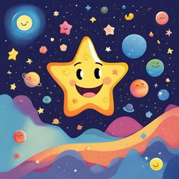 A whimsical and colorful cartoon scene featuring a smiling star character in a night sky filled with other stars and planets