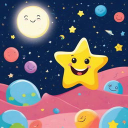 A whimsical and colorful cartoon scene featuring a smiling star character in a night sky filled with other stars and planets