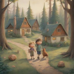 A warm and inviting scene portraying cartoon characters Finn and Fiona strolling towards their cozy houses nestled amidst serene woodland.