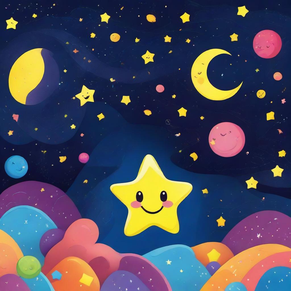 A whimsical and colorful cartoon scene featuring a smiling star character in a night sky filled with other stars and planets