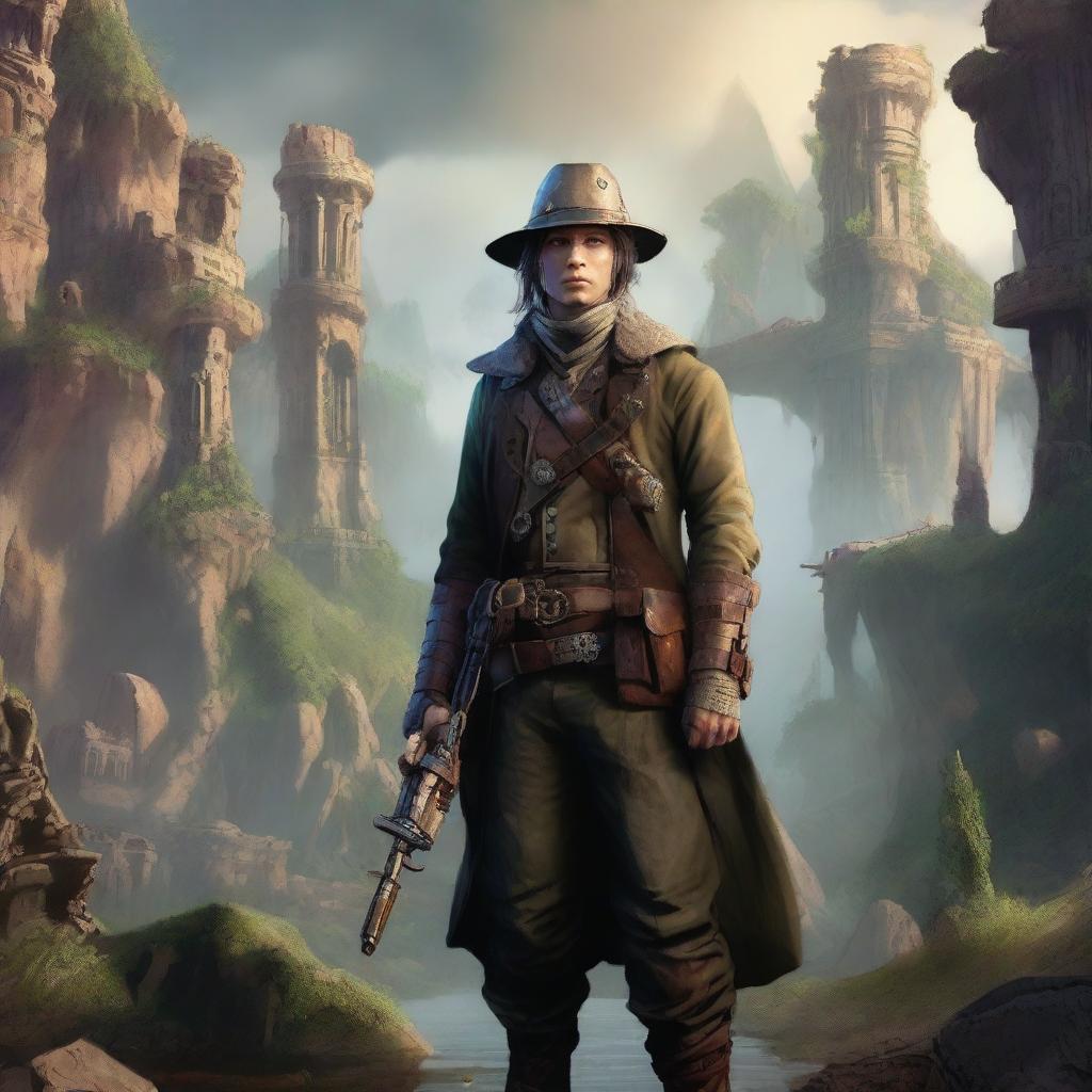 An aberration of a human scout, equipped with a sniper rifle, dressed in a military uniform with a steampunk twist, in a Middle-earth setting