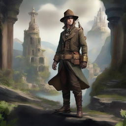 An aberration of a human scout, equipped with a sniper rifle, dressed in a military uniform with a steampunk twist, in a Middle-earth setting