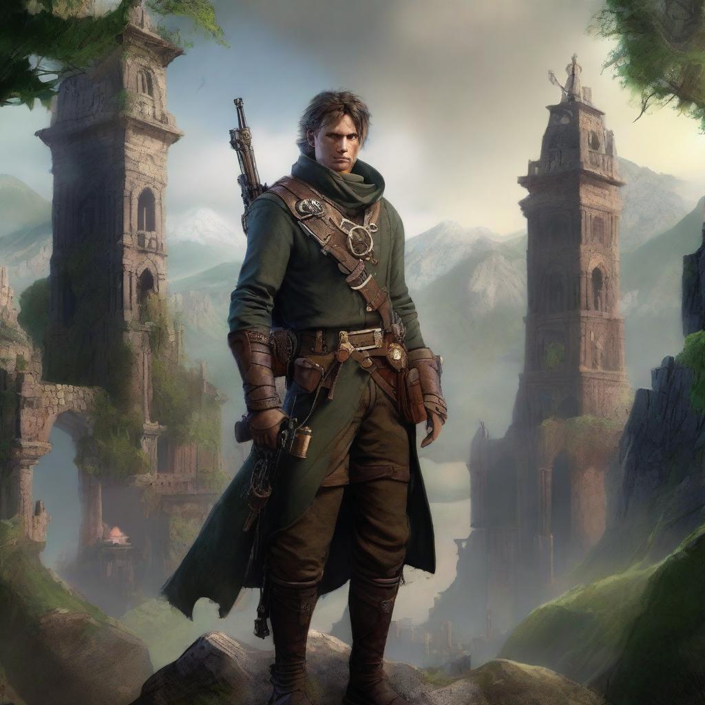 An aberration of a human scout, equipped with a sniper rifle, dressed in a military uniform with a steampunk twist, in a Middle-earth setting