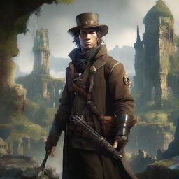 An aberration of a human scout, equipped with a sniper rifle, dressed in a military uniform with a steampunk twist, in a Middle-earth setting