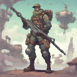 A half-monster, half-human scout equipped with a sniper rifle, dressed in a military uniform blending biopunk and steampunk elements